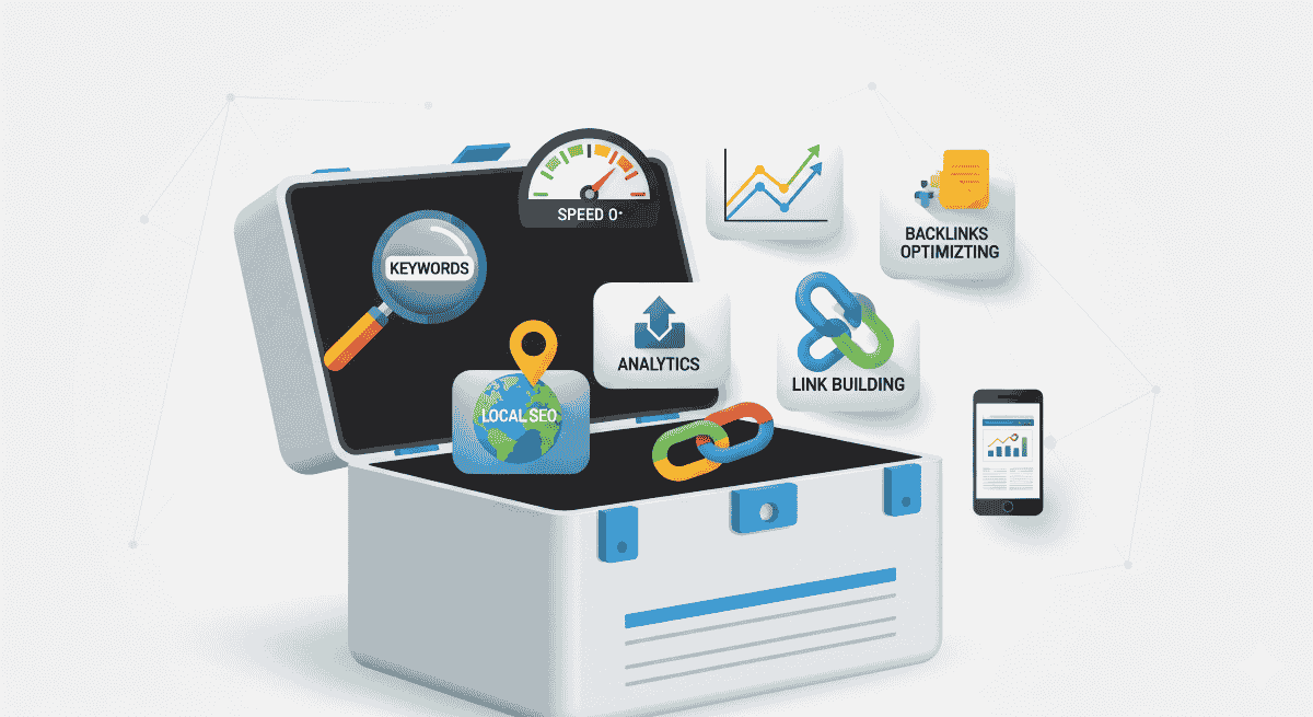 An SEO toolbox with icons for keyword research, page speed, and analytics.