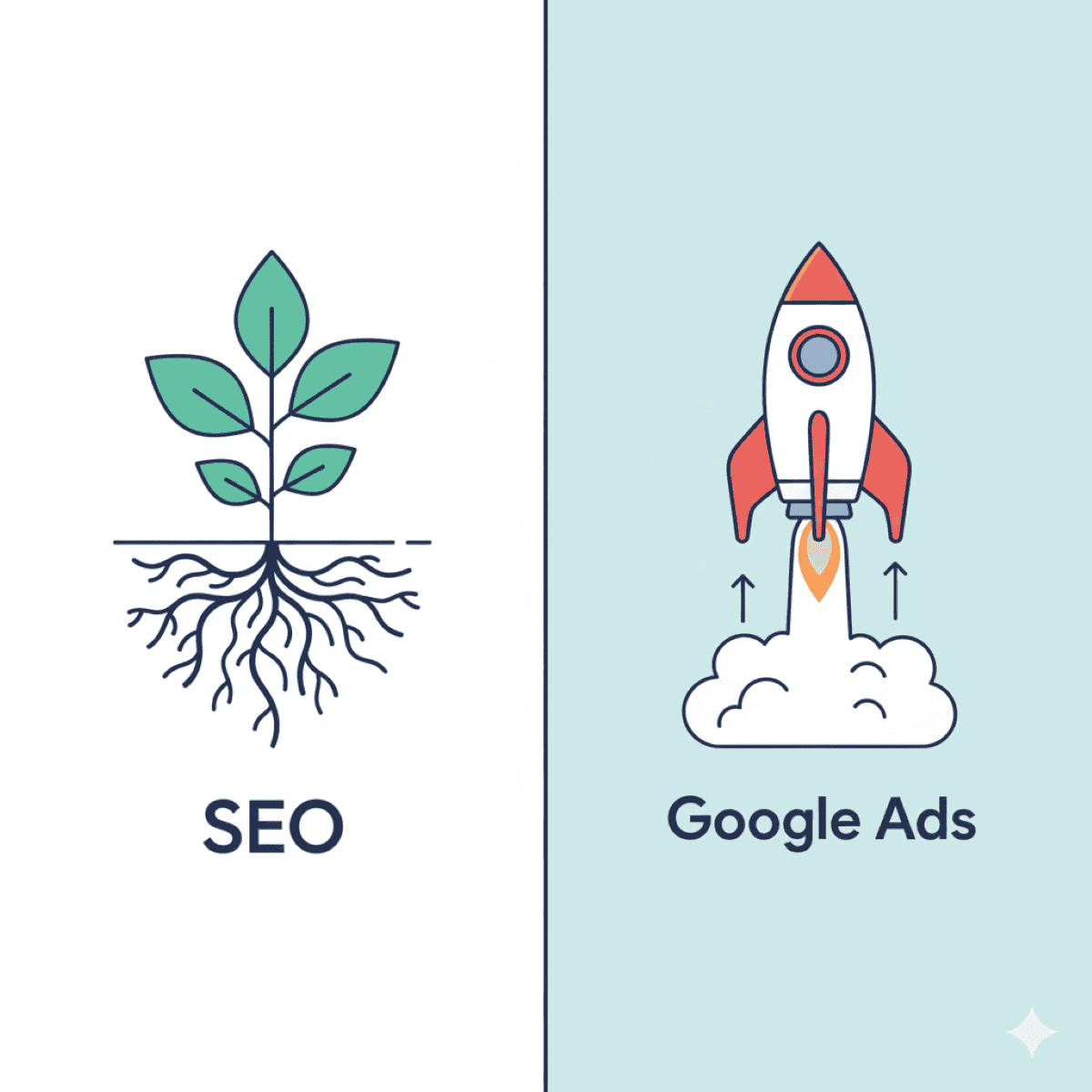 An illustration comparing SEO (a plant with deep roots) to Google Ads (a fast rocket).